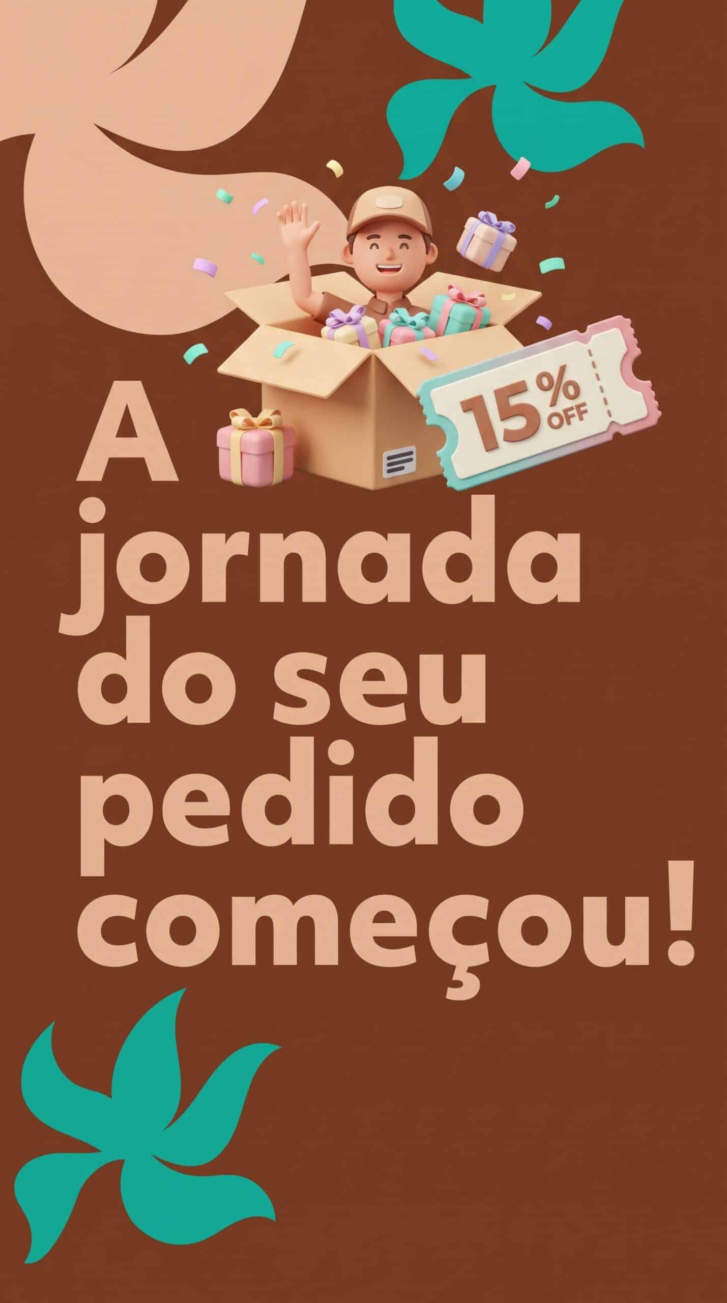 Ilustração de personagem comemorando dentro de uma caixa de entrega, representando o cupom recebido no atraso